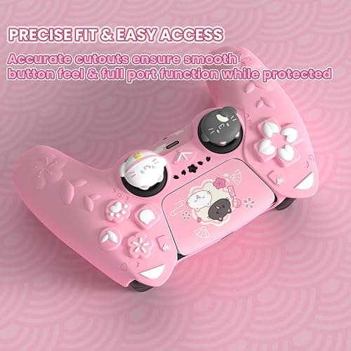 PlayVital for PS5 Controller Cover Skin - Cherry Blossoms Kitten Anti-slip Grip Skin with Thumb Grip & Sticker - Soft Rubber Protector for PS5 Controller Accessories - Pink thumbnail 6
