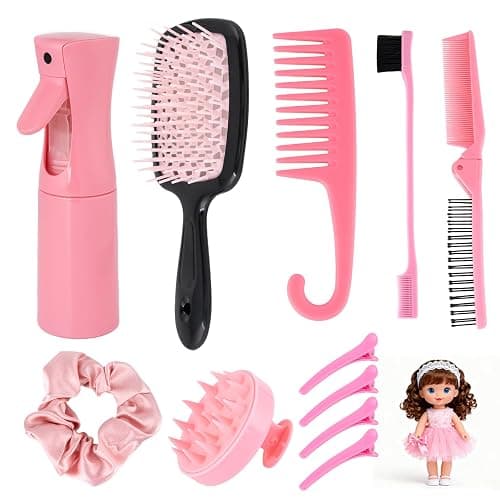 Doll Hair Brush Compatible with American Girl, Doll Wig Brush Set with Spray Bottle Detangle Brush Curly Hair Comb Set Fit for American Girl Doll Accessories, Doll Head Hair Styling Brush Set 8 PCS· - Image 1