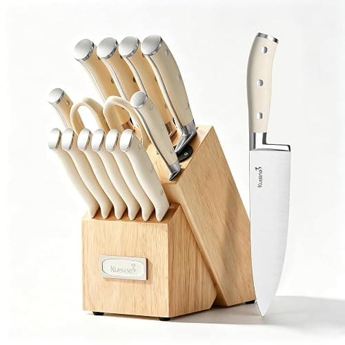 KUISINE Chef Knife Set, High Carbon Stainless Steel Ultra Sharp Blade Ergonomic Handle, Kitchen Knife Block Set with Built-in Sharpener, Elegant Gift for Holiday(15 PCS Pro White) - Image 1