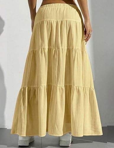 DERAX Women's Boho Flowy White Maxi Skirt Ruffle Elastic Waist Long Skirts | Flared, Summer, A Line, High Waisted, 2026 Spring, Fall, Drawstring, Casual, Beach, Vacation, Midi Skirt with Lining thumbnail 2