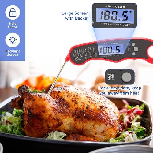 Lonicera Meat Thermometer Digital for Cooking Food. Waterproof & Instant Read for Kitchen Baking, BBQ. with Foldable Probe, Backlight & Calibration (Red) thumbnail 3