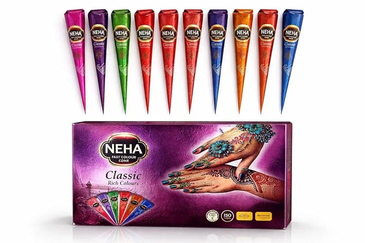 NEHA Premium Henna Cones, Classic Rich Colours, Fast Colour, Long Lasting, 12 Vibrant Colours Pack with Free Henna Stencil - Image 1