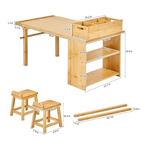 UNICOO Kids Art Table and Chair Set with Paper Roll Holder, Toddler Craft Table with Storage Shelves, Side Supply Tray, Removable Organizer Caddy and 2 Stools, Drawing Activity Desk for Ages 2-12 thumbnail 3