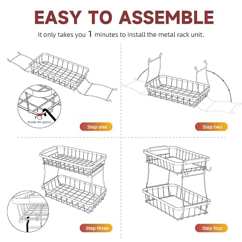 Sevenblue 2 Tier Large Fruit Basket for Kitchen Counter with 2 Mobile Banana Hangers, 2025 Pro Detachable Metal Fruit Bowl with Wooden Handle, Fruit Holder for Bread Snack Veggies with Protective Mats thumbnail 7