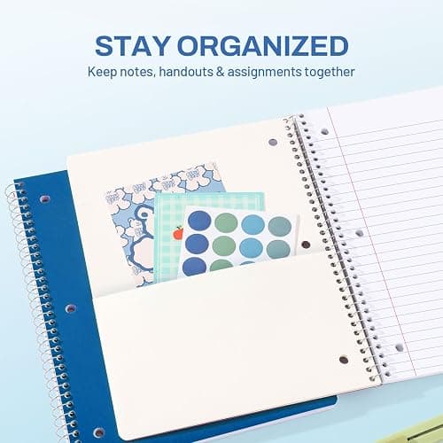 SUNEE Spiral Notebook, 1-Subject, Wide Ruled Paper, 8" x 10-1/2", 100 Sheets per Notebook, 3-Hole Punched Paper, Water Resistant Cover, Double-sided Pockets, Dark Blue thumbnail 4