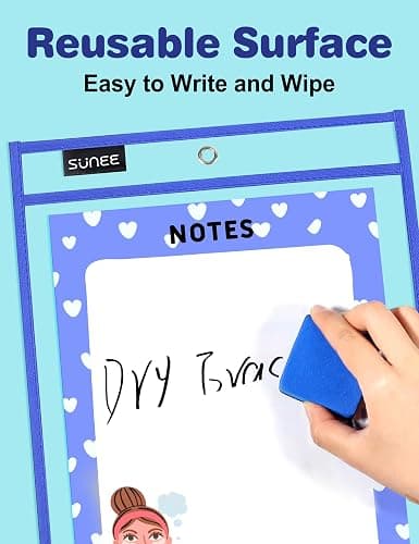 SUNEE 30 Packs Oversized Reusable Dry Erase Pocket Sleeves with 2 Rings, 10 Assorted Colors 10x14 Ticket Holders, Clear Plastic Sheet Protectors, Teacher School Classroom Supplies thumbnail 3