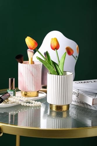 IEEK Makeup Brush holder Organizer,Glass Cosmetic Makeup Brush Cup Ceramics Brushes Storage Holder,White and Gold Modern Make Up Brush Cup Pen Pencil Holder Striped Vase thumbnail 7