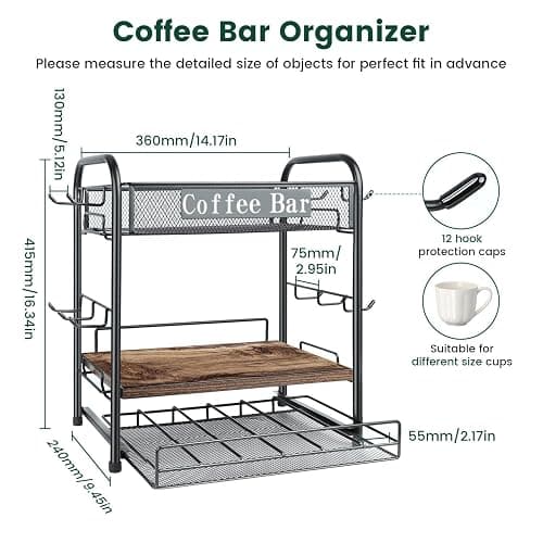 Coffee Bar Organizer, Station Mug Holder for Countertop, Multi-Functional 3 Tier Coffee Cup Tree Rack for Kitchen, Storage Shelf with 10 Hooks, K Cup Pod Drawer for Home Office thumbnail 2