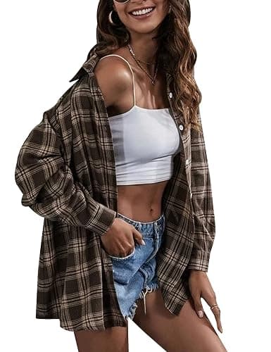 HangNiFang Womens Flannel Plaid Shirts Oversized Button Down Shirts Blouse Tops - Medium - Coffee - Image 1