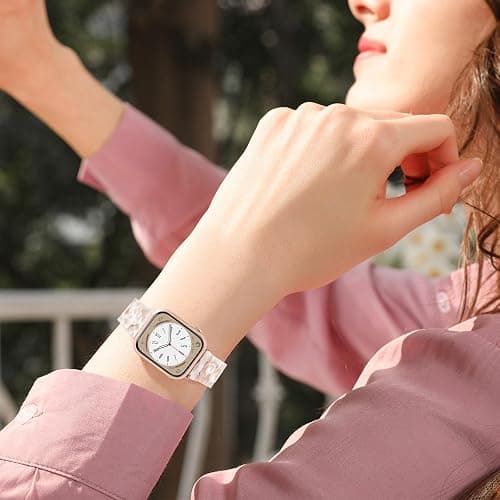 V-MORO Lightweight Resin Bands Compatible with Apple Watch Series 11/10/9/8/7 Band Rose Gold Stainless Steel Buckle Fashion Cute Strap for iwatch Series SE/6/5/4/3/2/1(Pink Tan,42mm/41mm/40mm/38mm) thumbnail 7