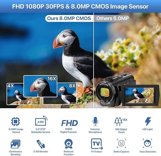 Video Camera Camcorder Digital YouTube Vlogging Camera Recorder FHD 1080P 24.0MP 3.0 Inch 270 Degree Rotation Screen 16X Digital Zoom Camcorder with Microphone,Remote Control and 2 Batteries thumbnail 2
