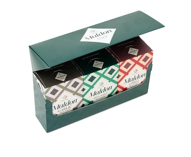 Maldon Salt Gift Pack - 4.4oz Sea Salt Flakes, 3.5oz Chili Salt & 3.5oz Garlic Salt - The Best Gift for Food Lovers and Aspiring Cooks, Versatile Flavors - Comes in Premium Packaging - Image 1