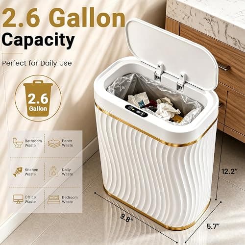 Bathroom Small Trash Can with Automatic Touchless Lid, 2.6 Gallon Smart Garbage Can Narrow Waterproof Trash Bin for Bedroom, Office, Living Room thumbnail 2
