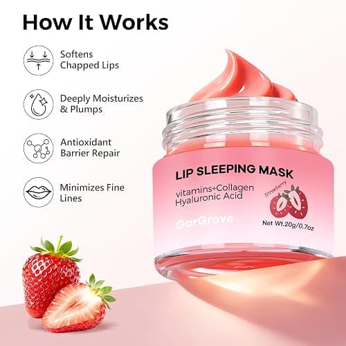 GarGrove Strawberry Lip Sleeping Mask with Collagen, Lip Butter Balm with Hyaluronic Acid & Vitamins A,E for Deep Hydration, Lip Moisturizer with Shea Butter & Meadowfoam Seed Oil for Dry Cracked Lips thumbnail 3
