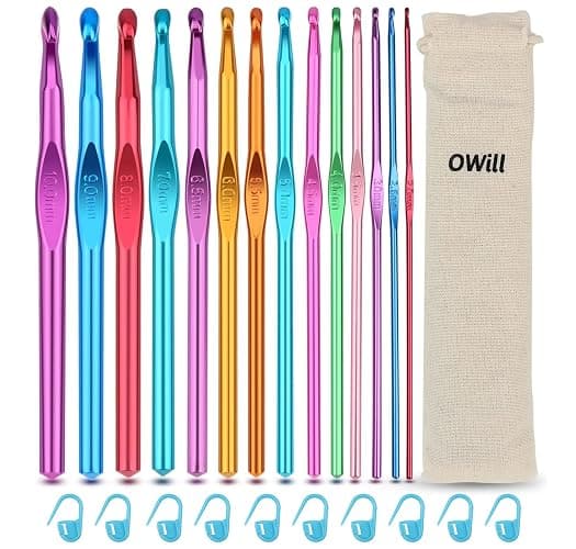 OWill Set 24 pezzi Di Uncinetti, con custodia, in Alluminio, 14 Pezzi Ergonomici con 10 pennarelli,2-10mm Extra Lunghe Knit Needles per principianti adulti - Image 1
