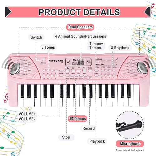 M SANMERSEN Upgraded 37 Key Kids Piano Keyboard with Microphone Music Toys for 3 4 5 6 Year Old Girls Gifts, Pink thumbnail 4
