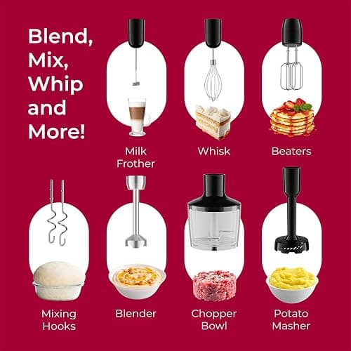 MuellerLiving Immersion Hand Blender Full Set - 8 Speed Immersion Blender, Hand Mixer with 7 Attachments: Stainless Steel Blade, Whisk, Milk Frother, Beater, Mixing Hooks, Potato Masher, Chopper Bowl thumbnail 4
