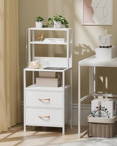 Furnulem Night Stand, Tall White Nightstand with 4-Tier Shelves, 2 PU Fabric Drawers and Light Tube, Bed Side Tables with Charging Station, Bedside Table for Bedroom thumbnail 2
