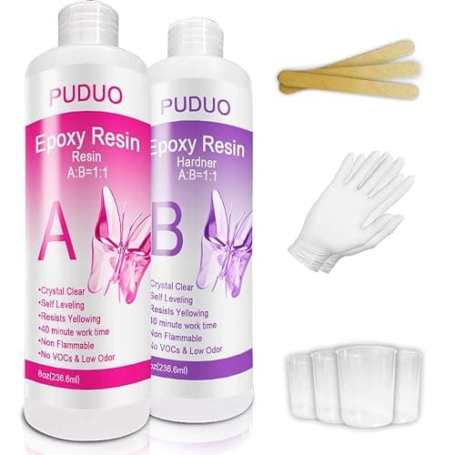 Epoxy Resin Crystal Clear Kit for Art, Jewelry, Crafts, Coating- 16 OZ Including 8OZ Resin and 8OZ Hardener | Bonus 4 pcs Measuring Cups, 3pcs Sticks, 1 Pair Rubber Gloves by Puduo - Image 1