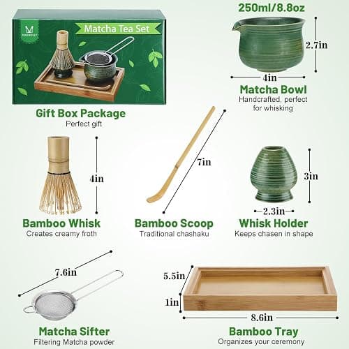 Matcha Whisk Set with Bamboo Tray - Bowl with Spout, Whisk and Holder, Bamboo Scoop, Sifter, Japanese Matcha Kit Tea Ceremony Gift for Women thumbnail 3