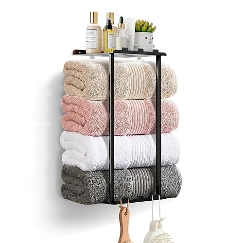 KISENG Towel Racks for Bathroom Towel Holder with Shelf & 6 Hooks,Space Saving Vertical Hanging Towel Rack, Sturdy Metal Wall Mounted Towel Storage Rack for Rolled Towels Organizer - Black - 14.76 Inch/2 Tier - Image 1