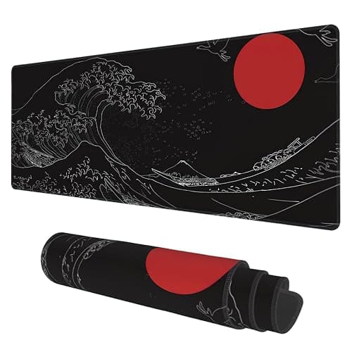 Desk Mat, Black Japanese Style Wave and Red Sun Extended Gaming Mouse Pad Large, 31.5"x11.8" Big Mouse Pad with Non-Slip Base and Stitched Edge, Long Computer Keyboard Mouse Mat for Home Office Work - Image 1