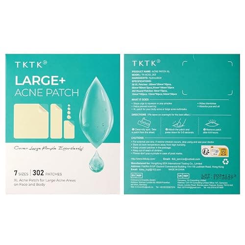 TKTK Large Pimple Patches for Face, 7 Sizes XL Acne Patches, Big Hydrocolloid Bandages for Body, Chin, Forehead, Chest, Back Zit Breakouts, Hydrocolloid Patch (Strip, Square, Dot 302 Count) thumbnail 8