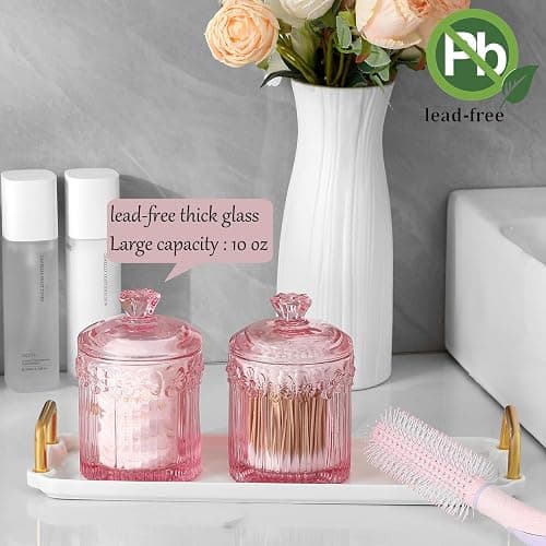 rejomiik 2 Pack Qtip Holder Glass Apothecary Jars with Lids Set Bathroom Canisters Dispenser Organizers and Storage for Cotton Swabs, Balls, Pads, Floss Picks, Candy, Pink thumbnail 2