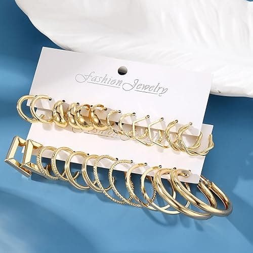 17IF 12 Pairs Golden Hoop Earring Set for Women Chunky Smooth Surface Trendy Small to Big Stud Earring Lightweight Twisted Pearl Ear Pack thumbnail 4
