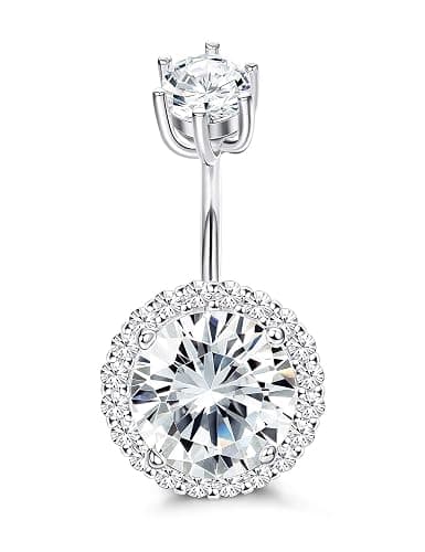 Sllaiss CZ Halo Belly Button Rings for Women 925 Sterling Silver 14G Belly Rings Round Cubic Zirconia Body Jewelry Curved Barbells Navel Rings 3/8" 10mm - Image 1
