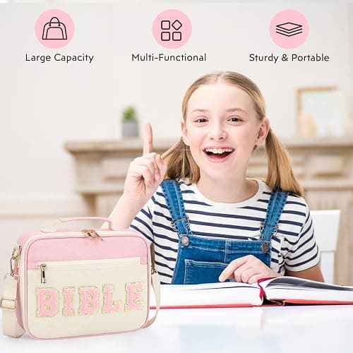 Bible Cover Case for Women Grils, Preppy Bible Bag with Adjustable Shoulder Strap, Waterproof Bible Carrying Tote Bags Holder for Bible Study Supplies Accessories & Christian Gifts (Light Pink) thumbnail 2