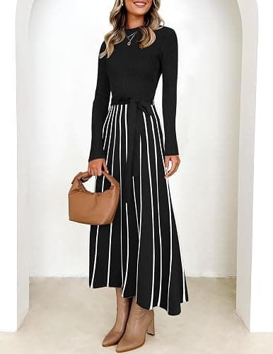 ZESICA Womens 2025 Fall Turtleneck Long Sleeve Sweater Dress Tie Waist Casual Loose Ribbed Knit A Line Midi Dresses thumbnail 4