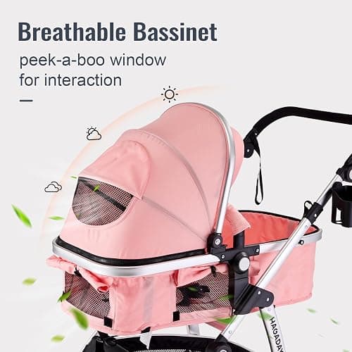 Hagaday Baby Stroller, 2-in-1 Reversible Toddler Seat with Bassinet Mode, Foldable Infant Stroller with Canopy, One Button Brake, Adjustable Handle, Newborn Pushchair(Pink) thumbnail 4