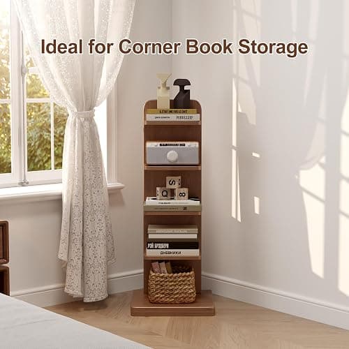 WoodsWhisper Narrow Bookshelf Ladder Bookshelf 5 Shelf Bookcase, Mid Century Modern Bookcase with Freestanding Display Shelves,Anti-tip Device and Thickened Base for Small Space,Living Room, Office - Walnut - 5C thumbnail 8