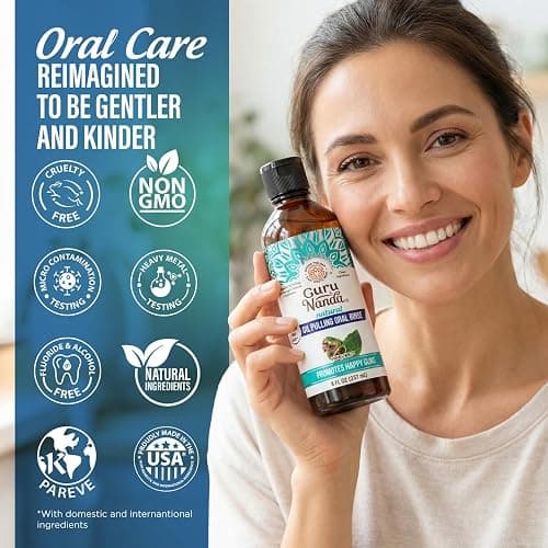 GuruNanda CocoMint Oil Pulling Mouthwash for Complete Oral Hygiene, 7 Essential Oils & Vitamins for Happy Teeth & Gums & Fresh Breath, with Toothbrush & Tongue Scraper, Alcohol-Free, 8 oz thumbnail 9