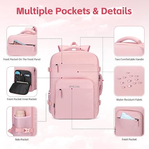 RealCool Travel Backpack for Women Men - Gift for Travelers, Students & Professionals, 15.6 Inch Laptop Carry On Backpack, TSA Flight Approved, College School Business Weekender Daypack -Pink thumbnail 3