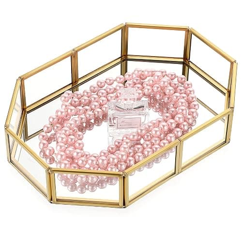 Hipiwe Mirror Glass Vanity Tray - Gold Ornate Makeup Vintage Octagonal Perfume Dresser Jewelry Trinket Organizer for Bathroom Storage Home Decor - 8" x 5.7" x 1.8" thumbnail 6