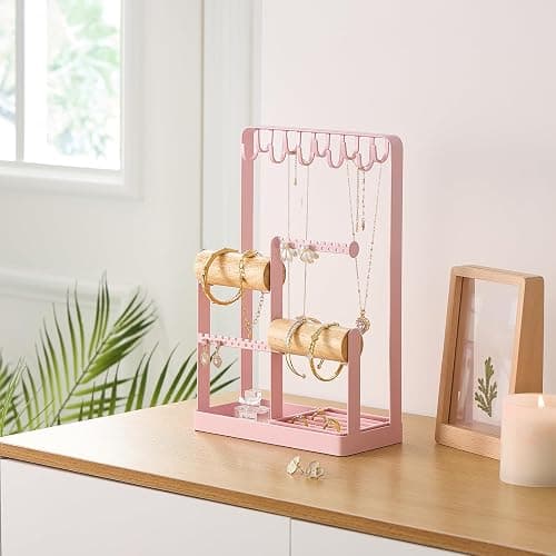 Lolalet Jewelry Holder Organizer, Aesthetic Jewelry Display Stand for Necklaces Bracelets Earrings Rings, Cute Room Décor for Teen Girls Women -Pink thumbnail 2