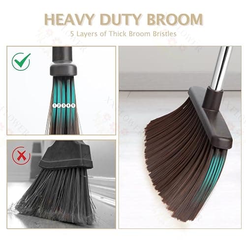 XXFLOWER Broom and Dustpan Set with Long Handle, Heavy Dust Broom and Dustpan Combo for Home，Kitchen, Office, Pet Hair(Beige) thumbnail 4