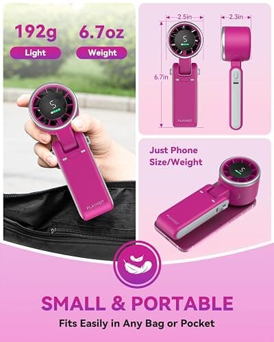 PlayHot Portable Handheld Turbo Fan, 5-Speed Personal Fan, USB-C Rechargeable Fan Up to 12 Hours, 3 IN 1 Hand Fan with Air Turbo Tech Cooling, Travel Fan for Cruise, Beach, Gifts for Women (Magenta) thumbnail 6