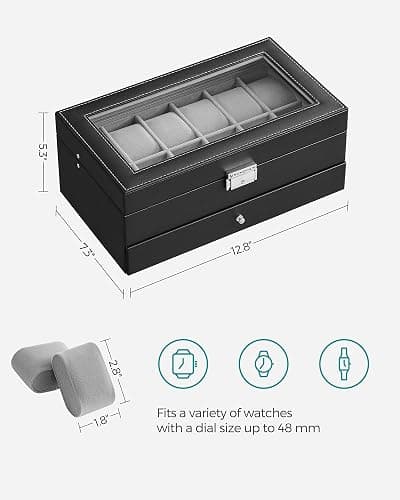 SONGMICS Watch Box, 12-Slot Watch Case Organizer with Large Glass Lid, 2 Layers, Removable Pillows, Metal Lock, Gift for Loved Ones, Black Synthetic Leather, Christmas Gift, Gray Lining UJWB012 thumbnail 2