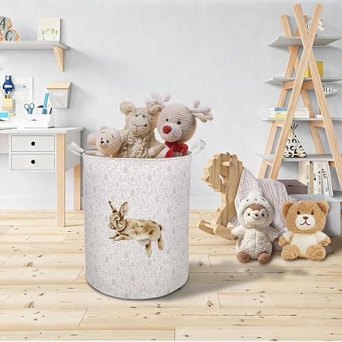TAZSWDMM Pink Floral Bunny Laundry Basket Hamper, Bunny Nursery Decor, Pastel Wildflower Rabbit Foldable Clothes Toys Books Storage Box Bins Baskets Organizer for Girls Kids Bedroom Bathroom thumbnail 2