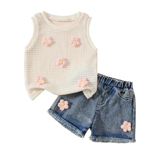 Jeinxcn Toddler Baby Girl Summer Clothes Waffle Knit Floral Embroidery Sleeveless Tank Top Jean Shorts 2Pcs Outfit Set - Image 1