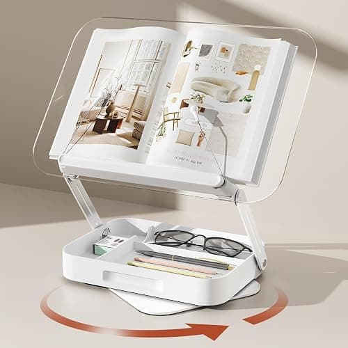 Acrylic Book Stand with Storage, Adjustable Book Holder for Reading with 360° Rotating Bases, Foldable Desktop Riser Stand, Elastic Clips for Cookbook Recipe Magazines Tablets, Laptops (Clear) - Image 1