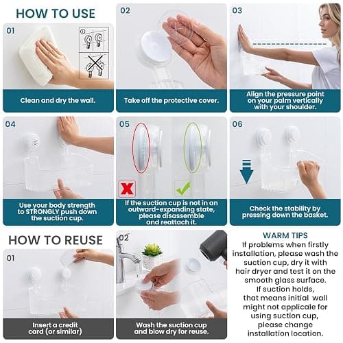 TAILI Shower Caddy Suction Cup, Heavy Duty Bathroom Organizer, Removable Shelves for Inside Shower, Shampoo, Waterproof Suction Plastic Storage for Bathroom Accessories Holder, Frosted Clear thumbnail 5
