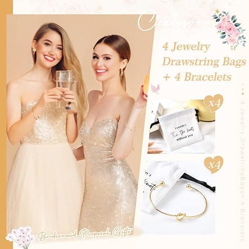 CEELGON 8 Pcs Jewelry Pouch Bridesmaid Gifts Set - 4 Linen Cotton Small Drawstring Bags & Knot Bracelet - Jewelry Packaging for Proposal, Bridal Party Favors (Gold) thumbnail 4