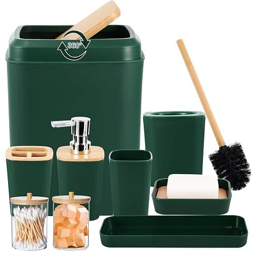 Bathroom Accessory Set 9 Piece Hunter Green Bathroom Set with Trash Can Bathroom Accessories Green Bathroom Decor - Dark Green - Bath Set - Image 1