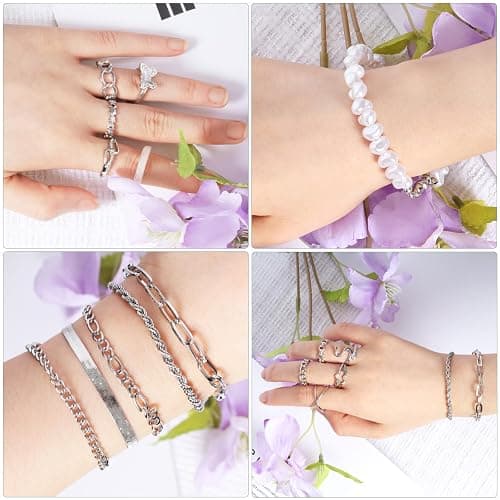 34 Pcs Silver Jewelry Set for Women Layered Bracelets Ball Dangle Hoop Earrings Stackable Knuckle Rings Set Dainty Adjustable Necklaces Valentine Anniversary Trendy Party Costume Accessories Jewelry thumbnail 5