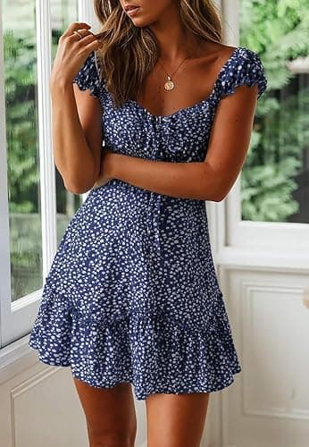 YOBECHO Womens Summer Sexy Sweetheart Collar Printed Ruffle Mini Dress thumbnail 2