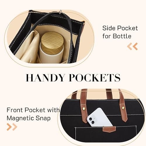 Missnine Laptop Tote Bag Canvas Laptop Bag 15.6 inch Work Shoulder Bags Casual Briefcase Handbag for Travel, Office, College (Black+Brown) thumbnail 4